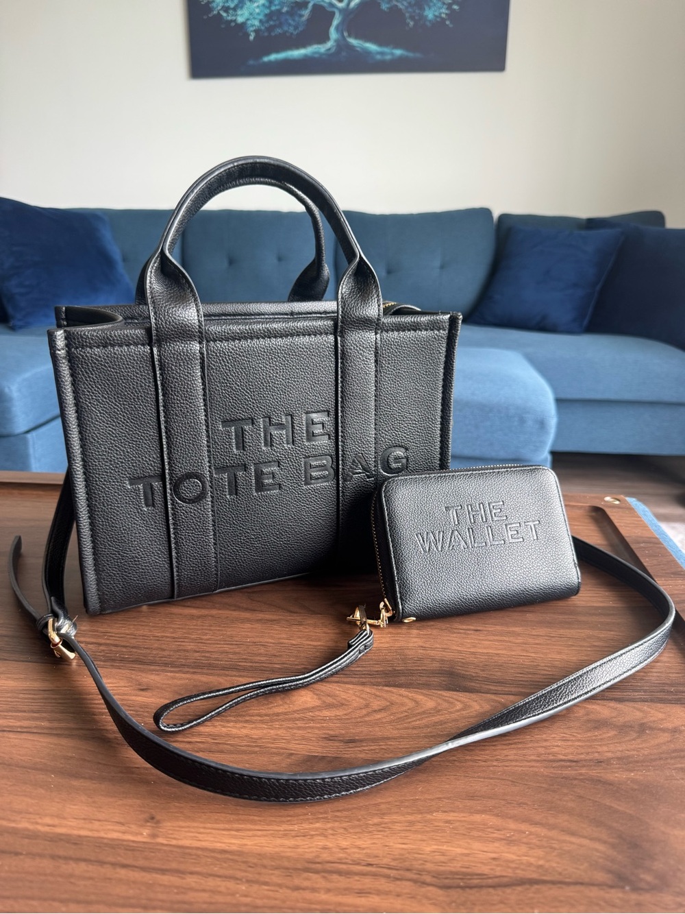 Black 'The Tote Bag' Leather Tote with Matching Wallet